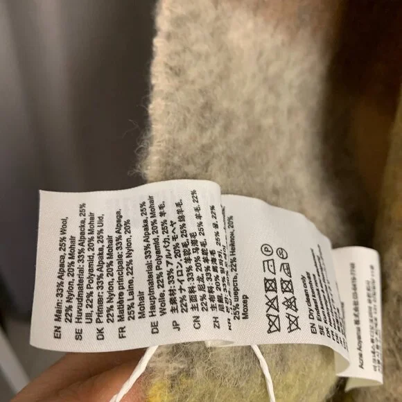 Acne Studios Plaid Wool Blend Scarf Neutral Check Fringe Cozy - Picture 3 of 5